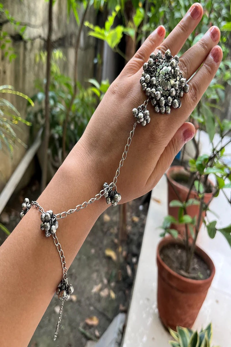 Vastrabhushan Oxidized Silver Ghungroo Hand Harness: Indian Boho Haathphool Bracelet - Dista