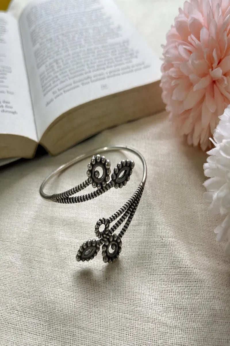 Vastrabhushan Oxidized Silver Leaf Cuff Bracelet|Adjustable Boho Open Bangle - Dista