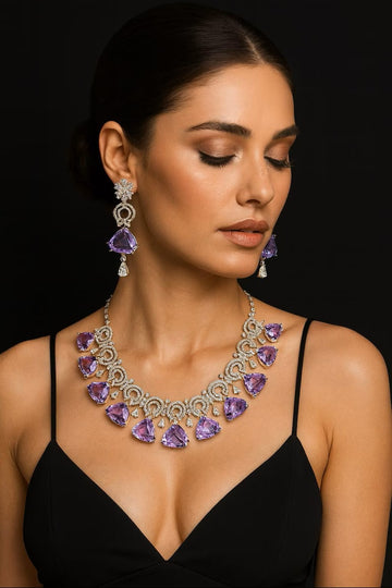 Vastrabhushan Amethyst CZ Bridal Jewelry Set: Silver Wedding Necklace & Earrings - Dista