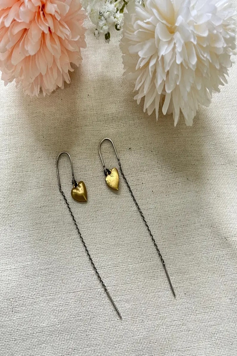 Vastrabhushan Gold Heart Threader Earrings, Silver Long Chain Pull Through Earrings - Dista