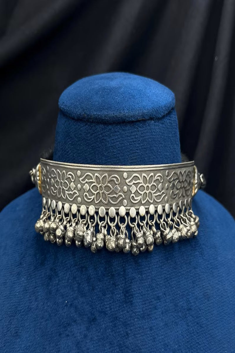 Vastrabhushan Oxidised Silver Torque Choker Necklace with Ghungroo | Vintage Tribal Boho Statement Jewellery - Dista