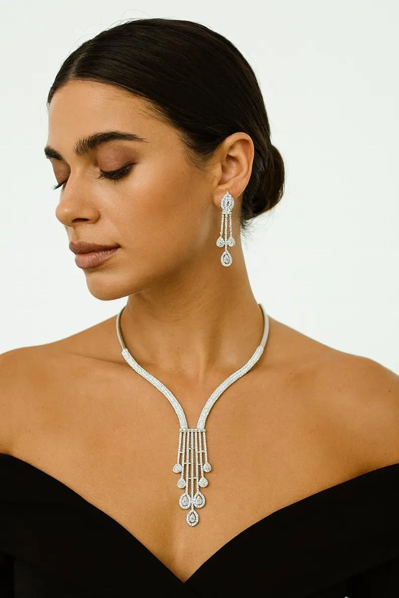 Vastrabhushan Silver Crystal Chandelier Necklace: Bridal Wedding Statement Jewelry - Dista