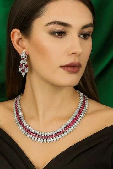 Vastrabhushan Ruby CZ Bridal Jewelry Set: Silver Choker Necklace & Dangle Earrings - Dista