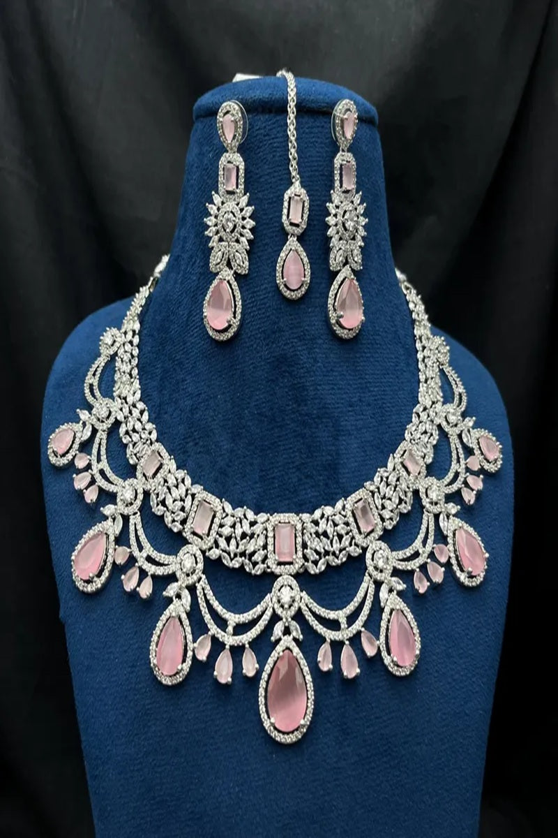 Vastrabhushan Bridal Pink Stone Choker Necklace Set: CZ Diamond Indian Wedding Jewelry - Dista