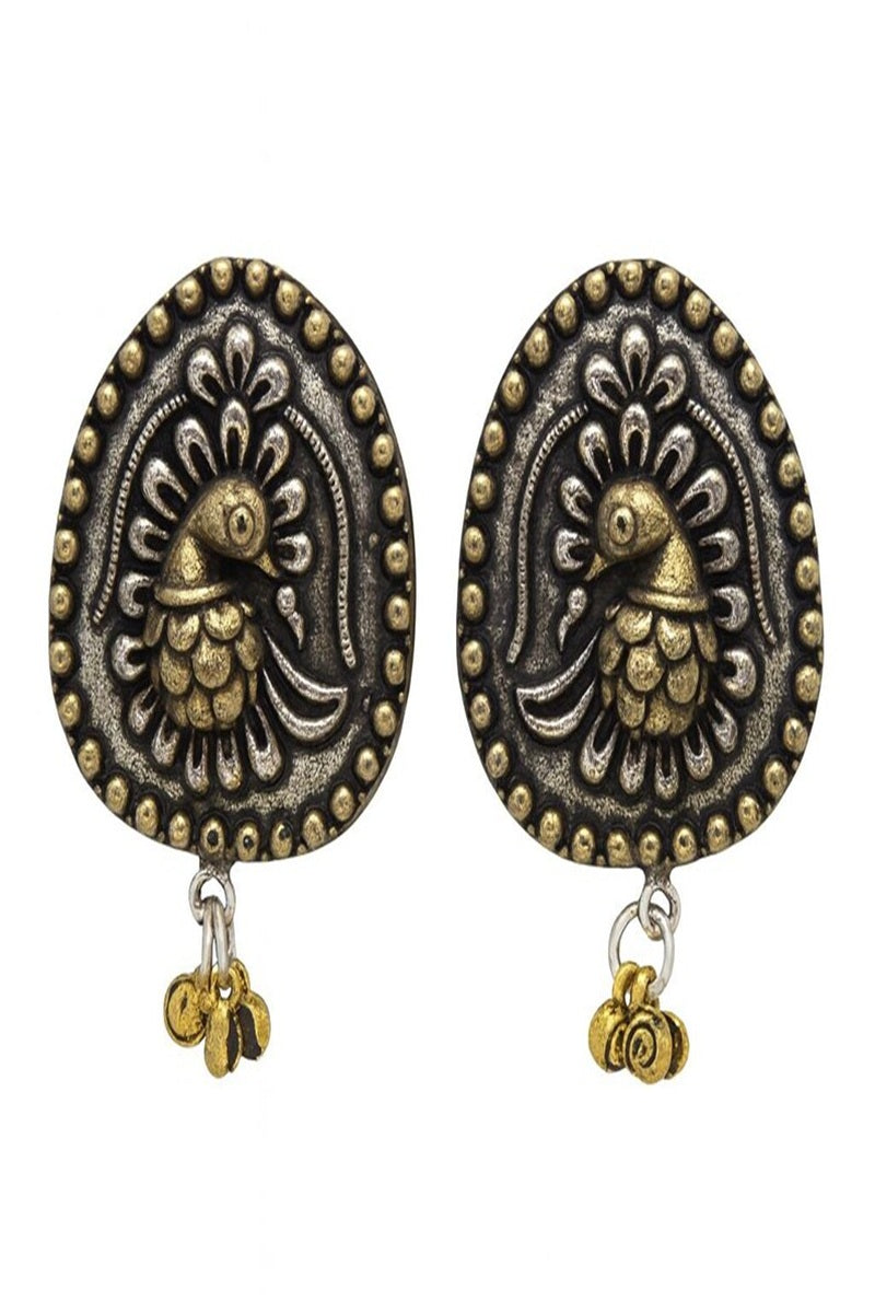 Vastrabhushan Oxidized Peacock Earrings, Dual Tone Indian Statement Studs - Dista