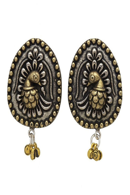 Vastrabhushan Oxidized Peacock Earrings, Dual Tone Indian Statement Studs - Dista