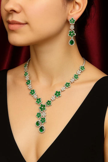 Vastrabhushan Emerald Green Floral Necklace Earring Set | Silver Plated Bridal Jewelry - Dista