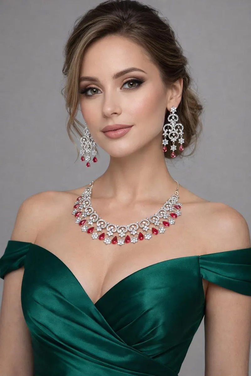 Vastrabhushan Red Crystal Bridal Jewelry Set, Silver CZ Choker Necklace - Dista