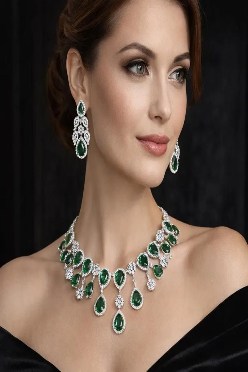 Vastrabhushan Emerald Green Teardrop Bridal Jewelry Set: Crystal CZ Choker Necklace & Earrings - Dista