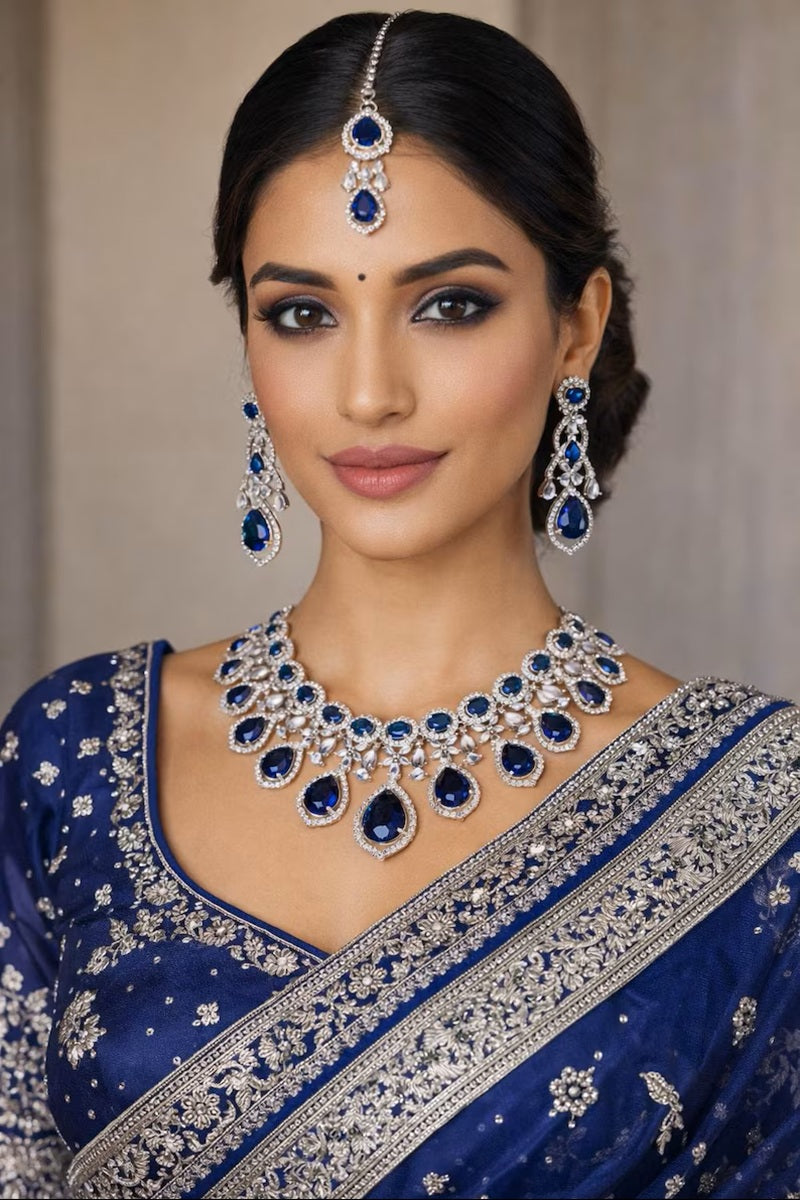 Vastrabhushan Royal Blue Sapphire Bridal Jewelry Set: CZ Crystal Choker - Dista