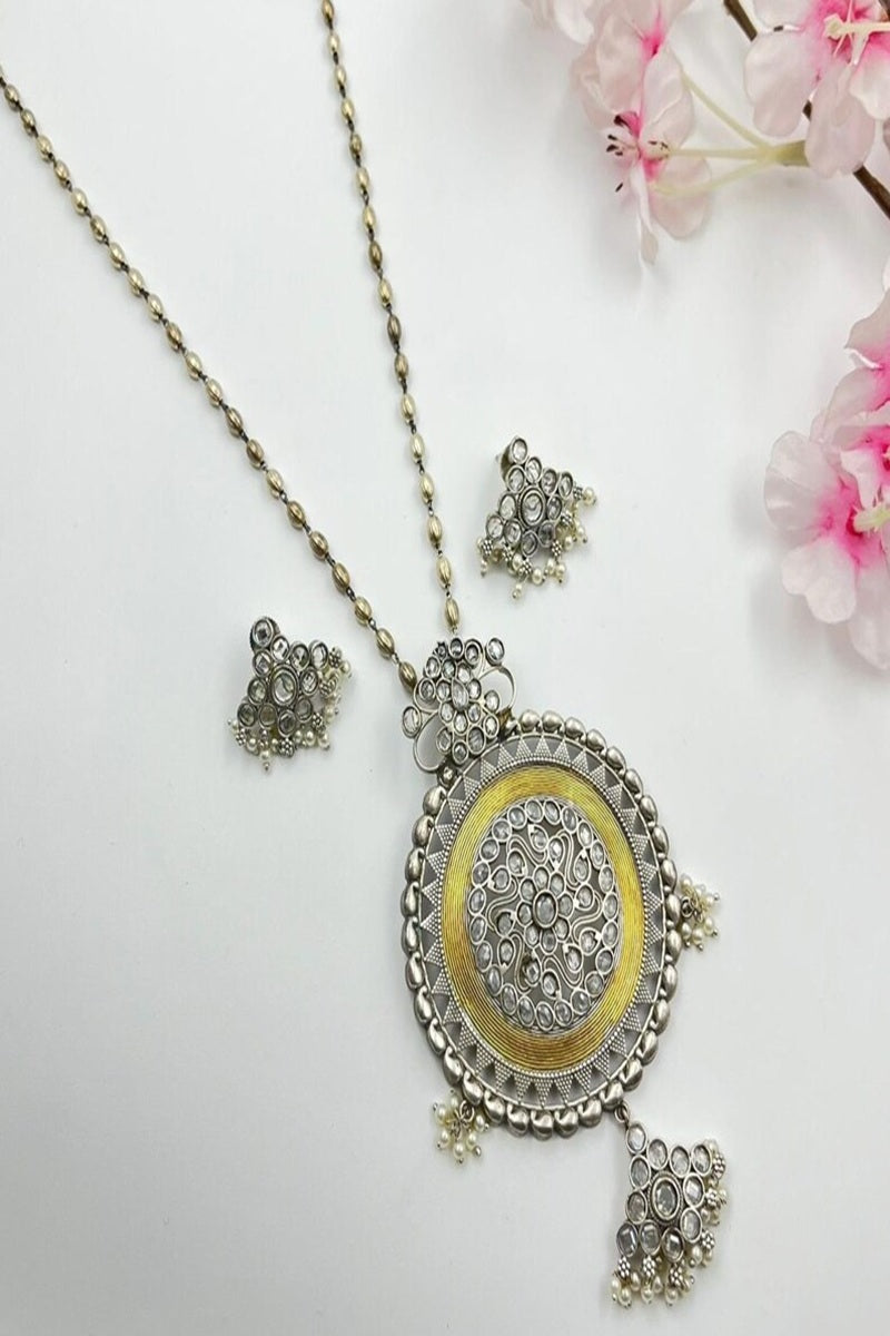 Vastrabhushan Handmade Oxidized Silver Necklace Set with Large Statement Pendant - Dista