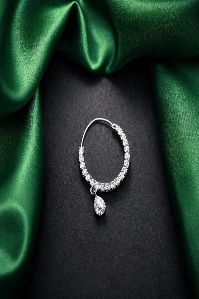 Vastrabhushan Crystal Teardrop Nose Ring | Silver Indian Nath, Pierced - Dista