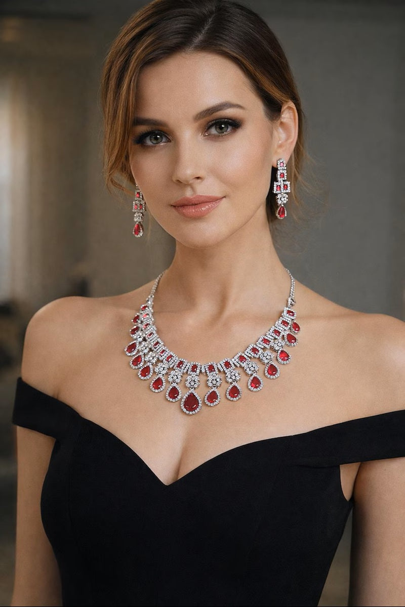 Vastrabhushan Bridal Ruby Red Necklace and Earring Set | CZ Diamond Choker - Dista