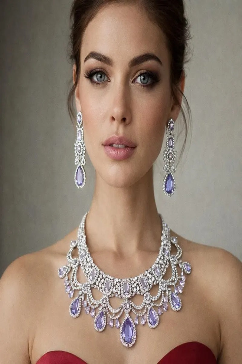 Vastrabhushan Lavender CZ Bridal Jewelry Set | Silver Tone Indian Wedding Necklace, Earrings & Maang Tikka - Dista