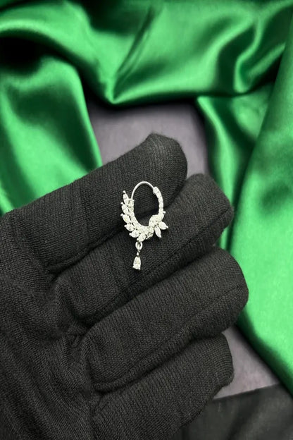 Vastrabhushan Silver CZ Leaf Bridal Nath | Indian Teardrop Nose Ring - Dista