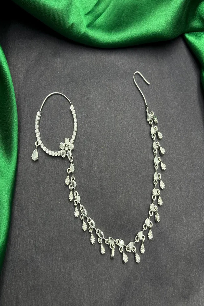 Vastrabhushan Silver Look Piercing Bridal Nath with Chain | CZ Stone Indian Nose Ring - Dista