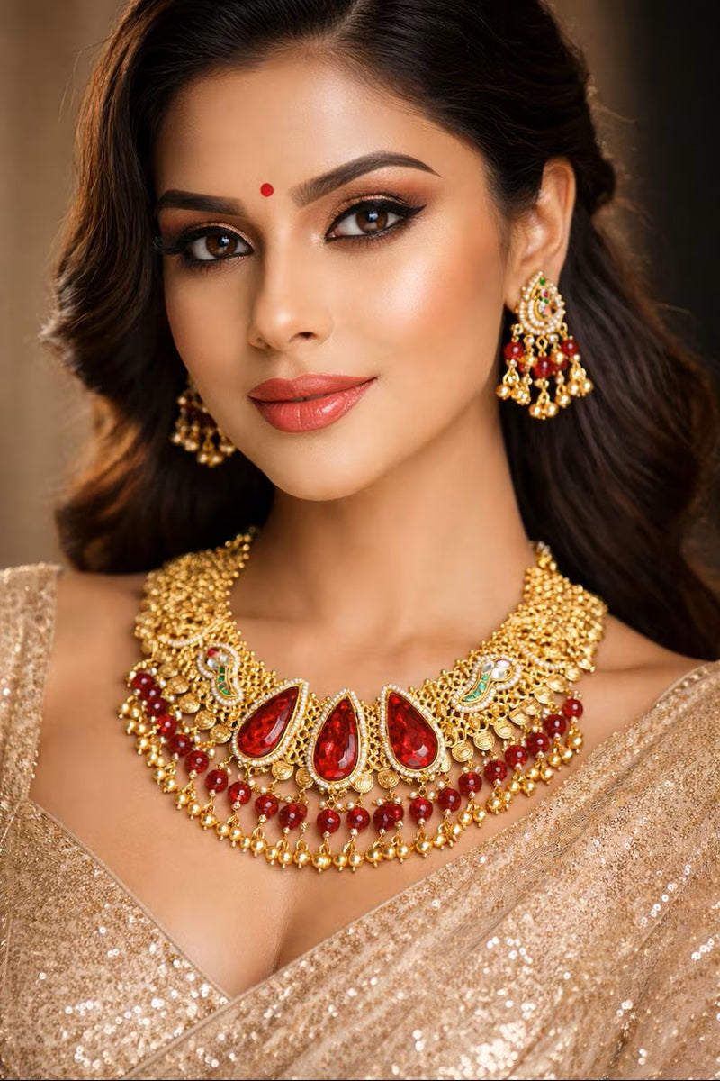 Vastrabhushan Antique Gold Kundan Choker Necklace Set with Ruby Red Stones - Dista