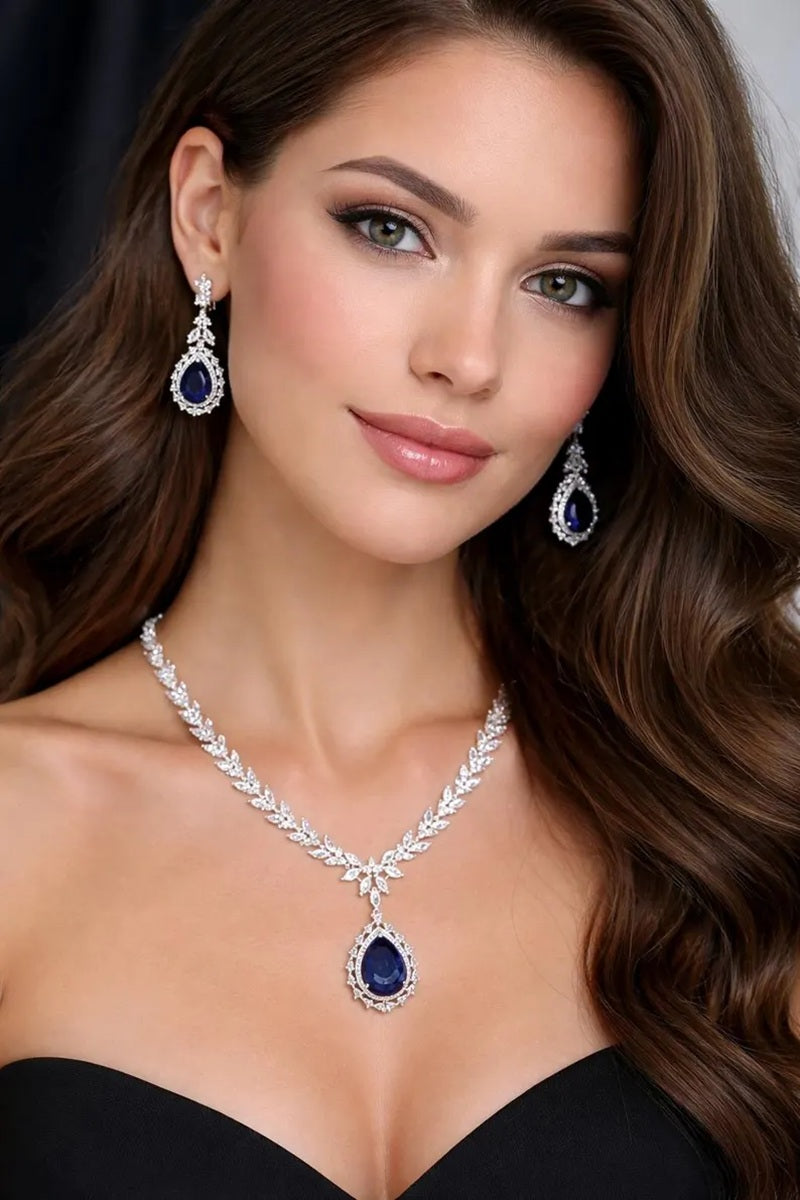 Vastrabhushan Royal Blue Teardrop Crystal Necklace Earrings Set – Bridal Statement Jewelry - Dista