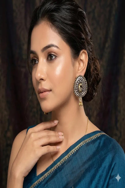 Vastrabhushan Oxidized Peacock Earrings, Dual Tone Indian Statement Studs - Dista