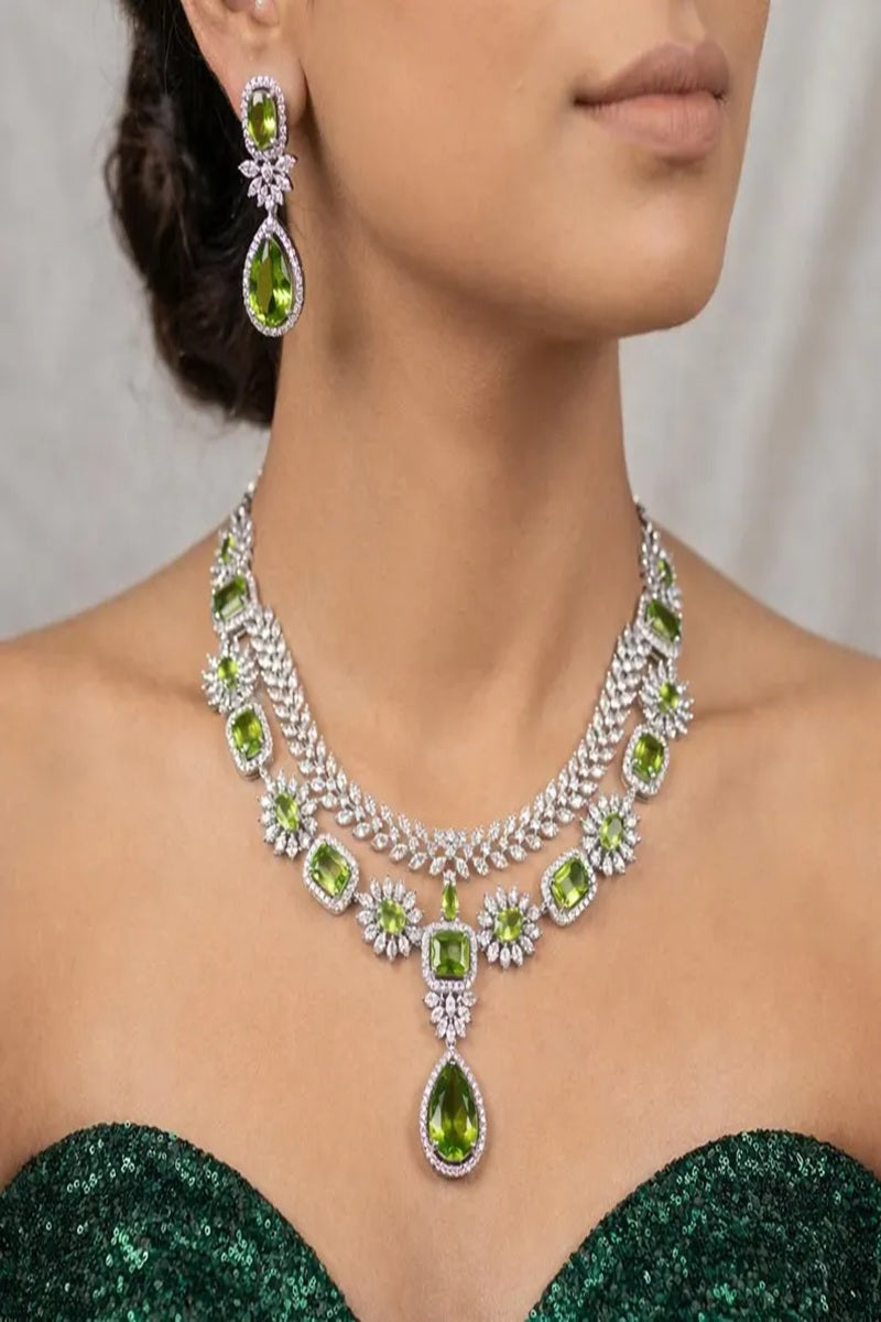 Vastrabhushan Emerald Green Bridal Jewelry Set|Silver-Plated Necklace, Earrings, Maangtika - Dista
