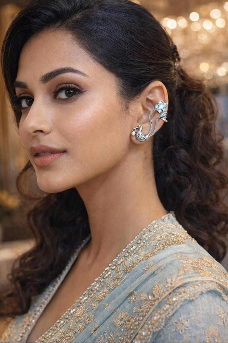 Vastrabhushan Oxidized Silver Peacock Ear Cuff|Indian Traditional Bugadi Earrings - Dista