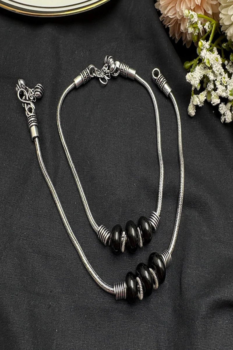 Vastrabhushan Boho Black Bead Silver Anklet | Oxidized Silver Ankle Bracelet with Bells - Dista