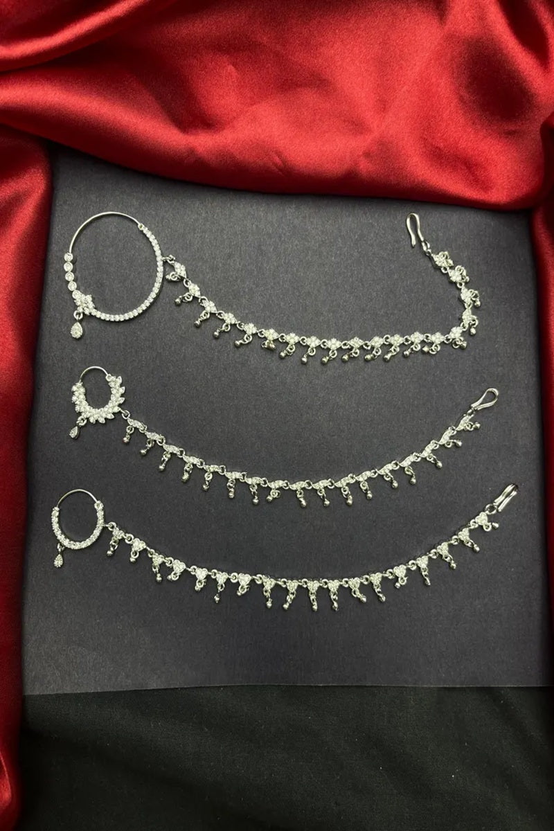 Vastrabhushan 3 pc Silver-Look CZ Bridal Nath with Chain|Traditional Indian Wedding Nose Ring Jewelry - Dista