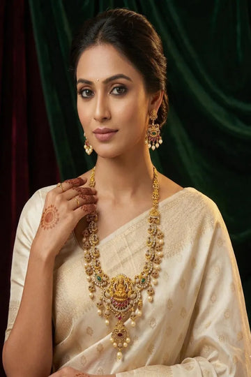 Vastrabhushan Antique Gold Lakshmi Temple Jewelry Long Necklace Set - Dista
