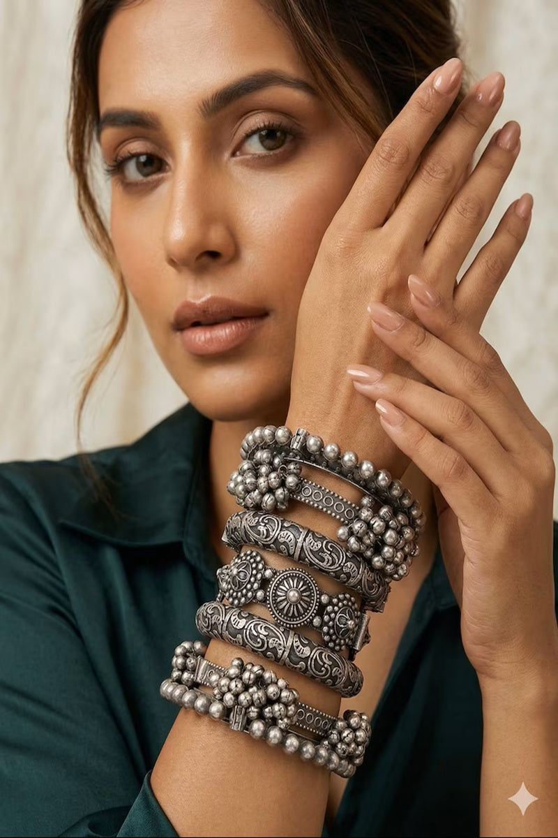 Vastrabhushan Boho Oxidized Silver Bangle Set of 7 | Tribal Chunky Bracelet Stack - Dista