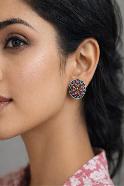 Vastrabhushan Hand Painted Oxidized Silver Stud Earrings, Colorful Boho Enamel Circle Studs - Dista