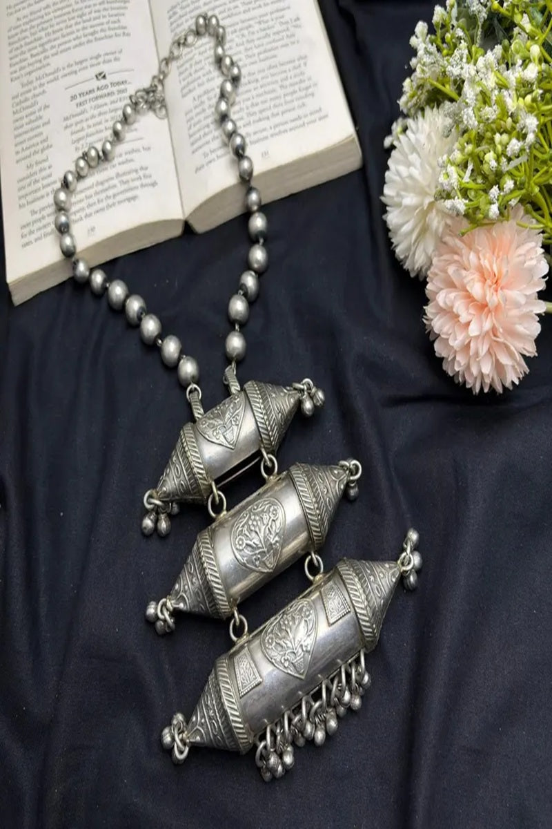 Vastrabhushan Oxidized Silver Statement Necklace, Handcrafted Tribal Dholki Pendant - Dista