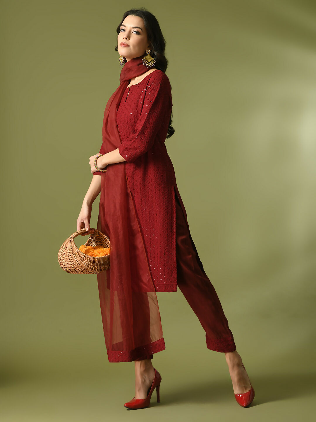 Myshka Women's Maroon Embroidered Cotton Straight Party Kurta Set With Dupatta - Distacart