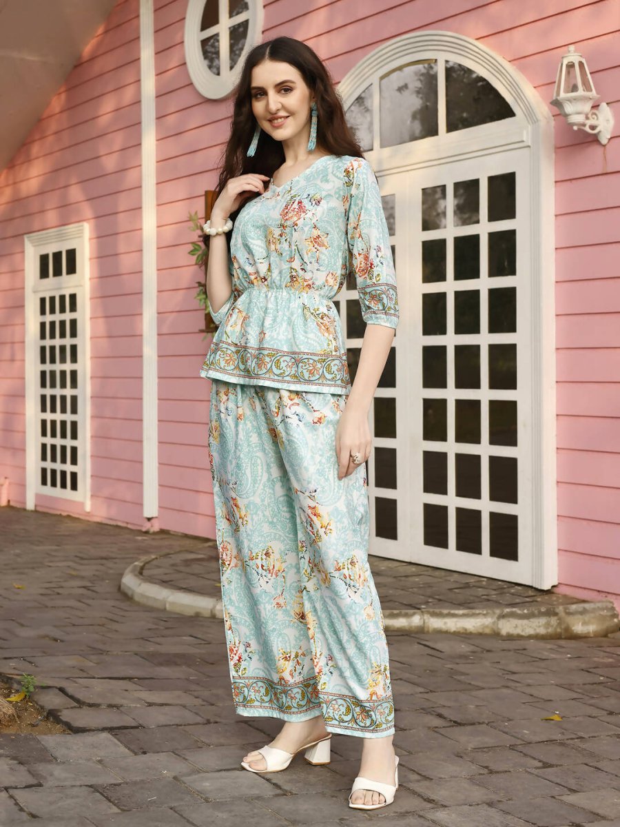 Aqua Blue Rayon Paisley & Floral Printed Top with Matching Bottom - Eesha - Distacart