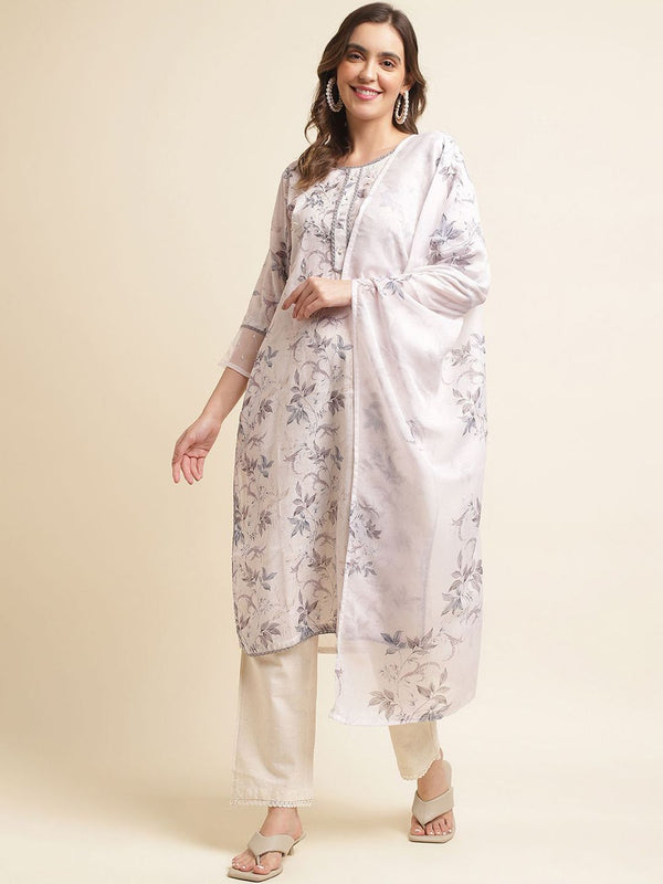 Ode by House of Pataudi Printed Gotta Patti Linen Straight Kurta with Trousers & Dupatta - Distacart