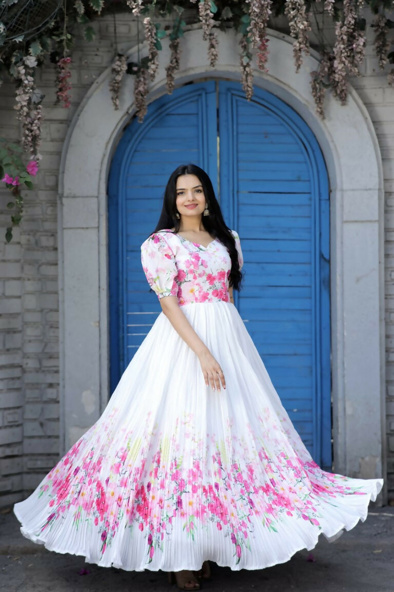 Jyoti Fashion Women's White Floral Digital Printed Chinon Anarkali Dress - Distacart
