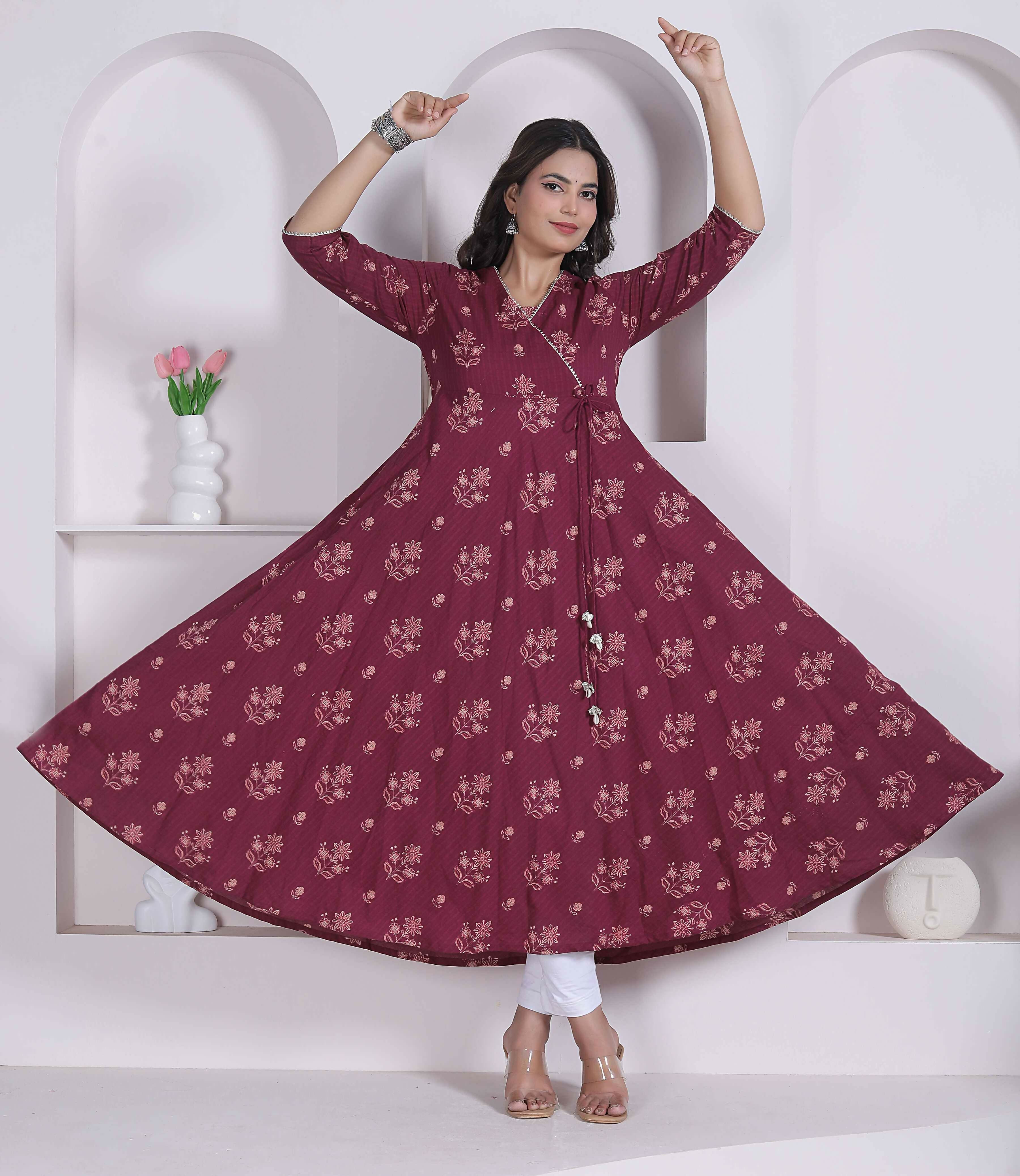 Miravan Womens Maroon Floral Printed Angrakha Style Kurta - Dista