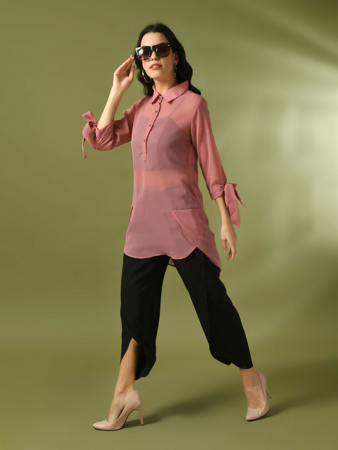 Myshka Women's Pink Solid Georgette Longline Party Sheer Tunic - Distacart