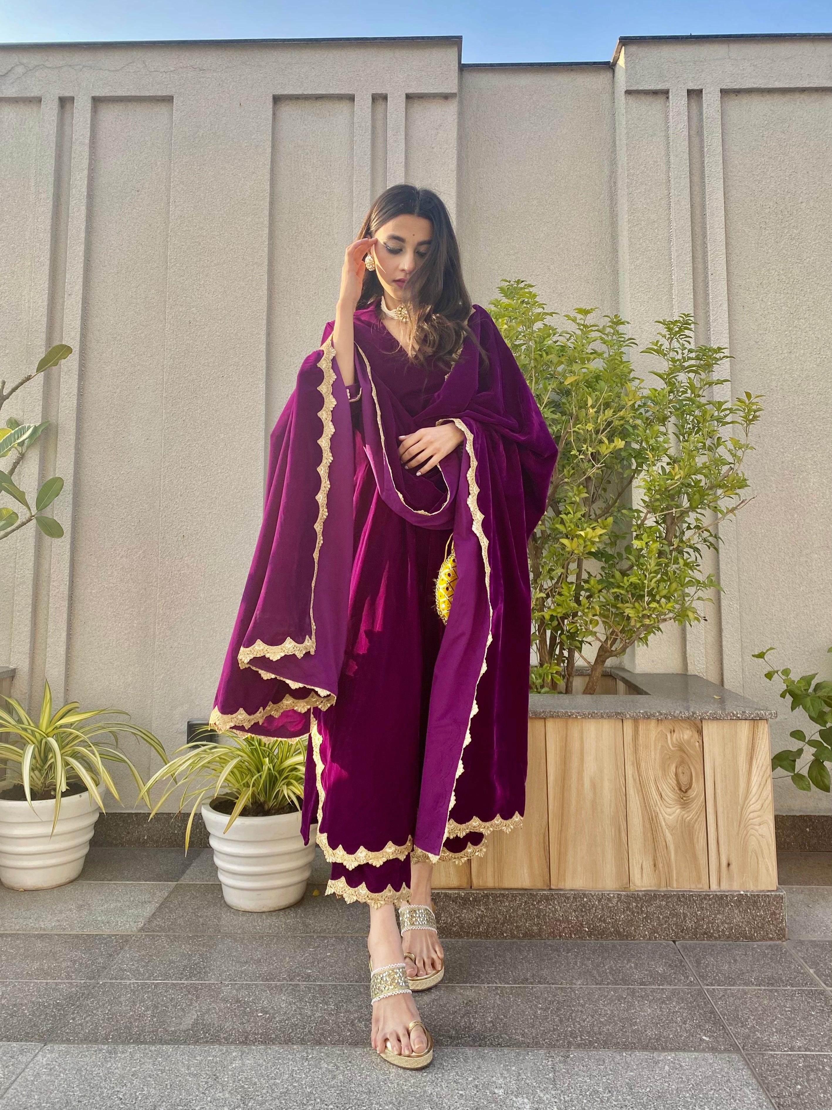 trueBrowns Wine Velvet Lace Kurta Pant Set | Relove