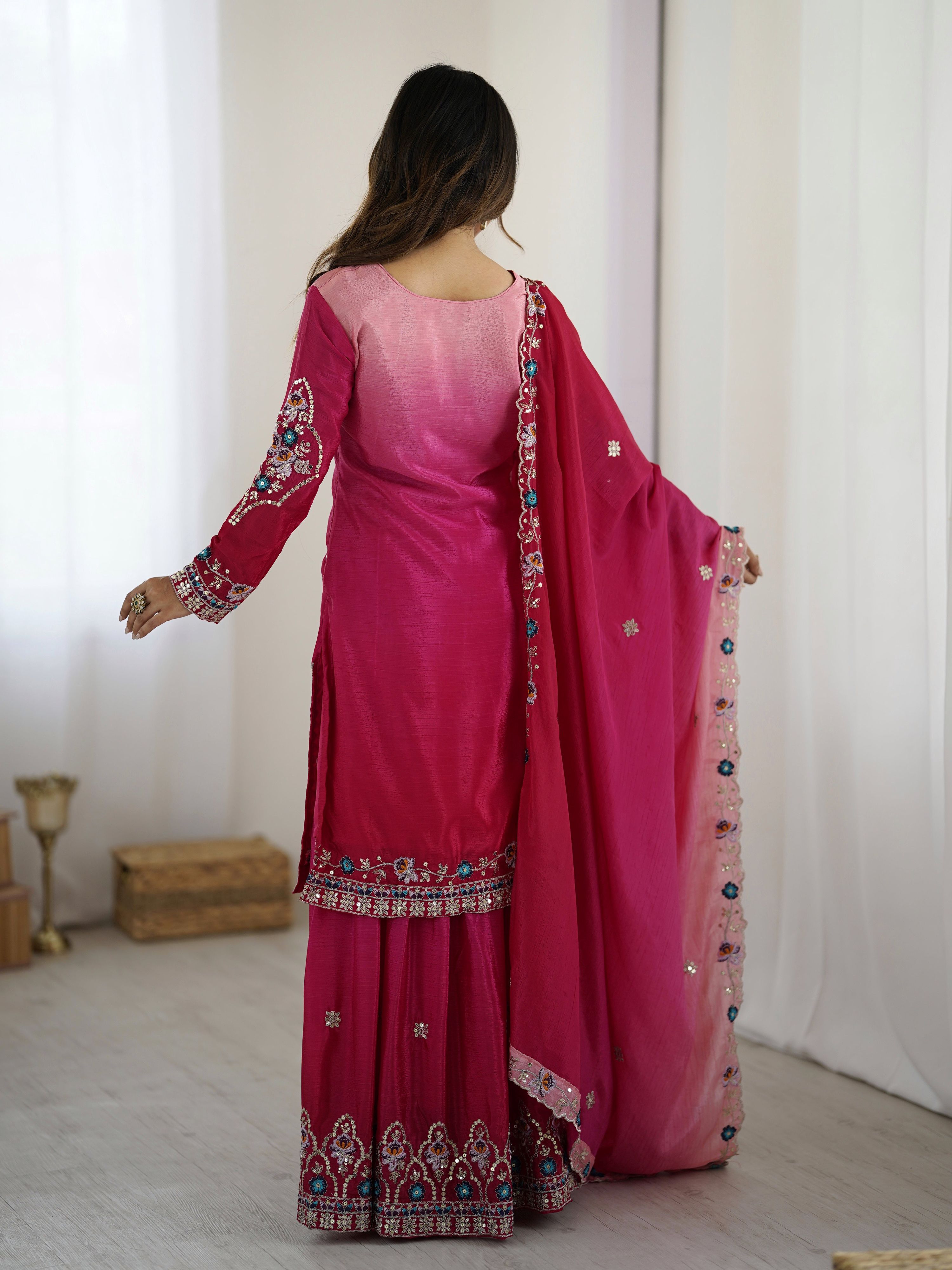 Pramukh Fab Rani Pink Color Chinon Kurta Sharara Set