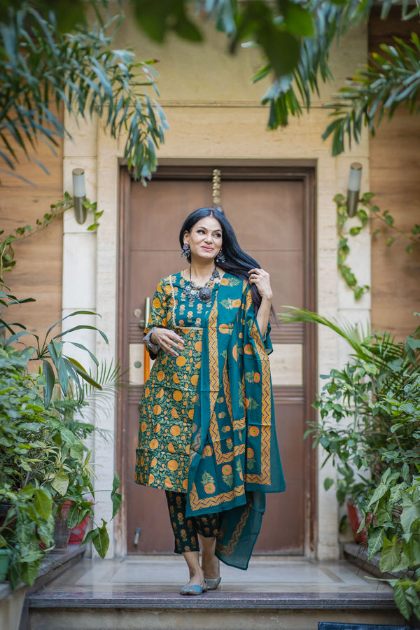 Jompers Women's Green Ethnic Motifs Printed Pure Cotton Kurta with Trousers & Dupatta - Distacart