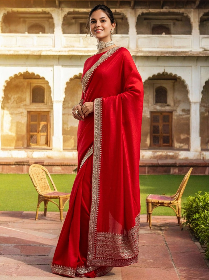 Lorenvalley Fashion Red Vichitra Silk with Sequence coding Work Saree with Blouse