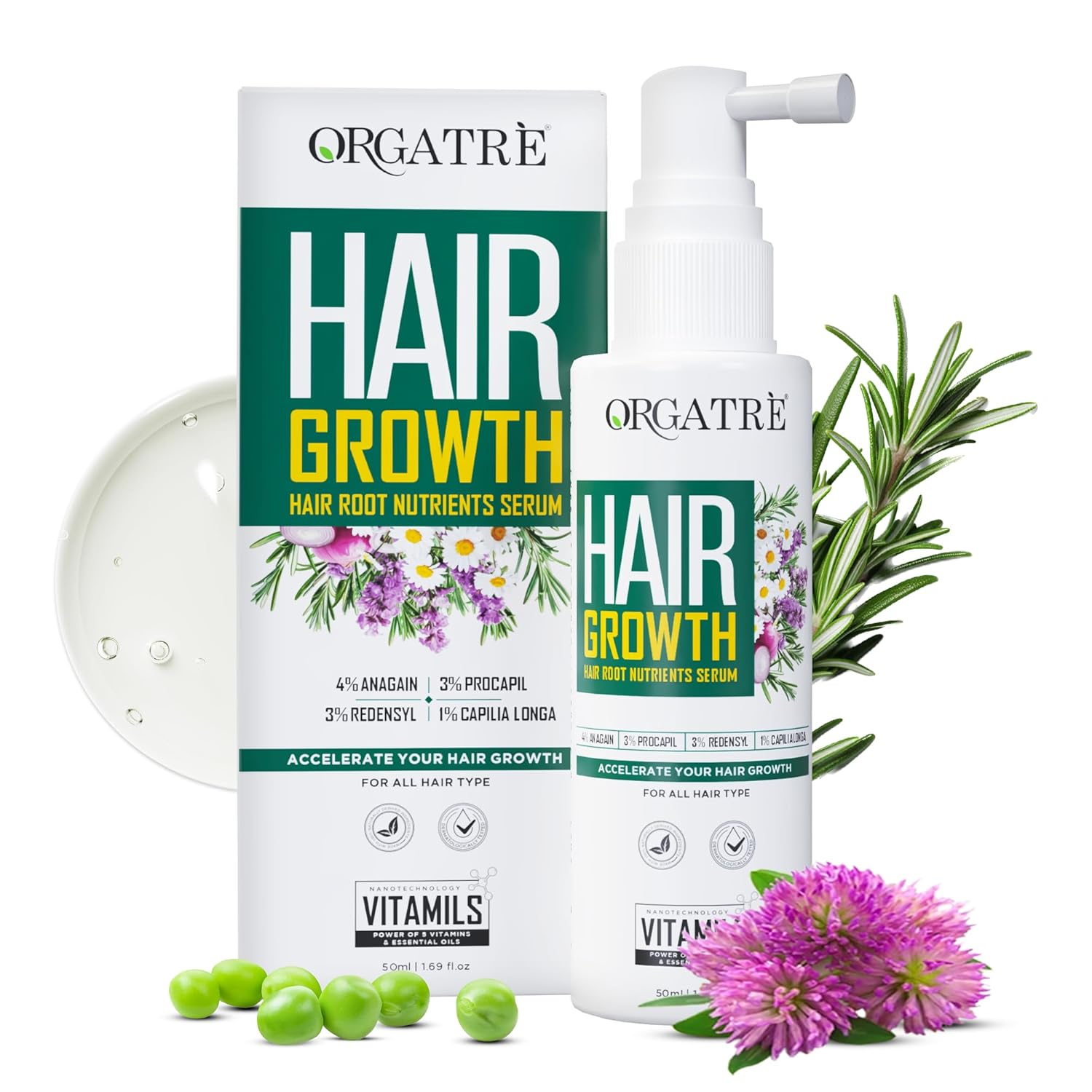 Orgatre Hair Growth Serum Powered with 3% Redensyl, 4% Anagain, 3% Procapil, 1% Capilia Longa and Rosemary Oil - Distacart
