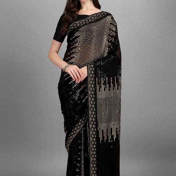 Vegaa Fashion Gold Heavy Georgette Sequence Embroidery Saree - Distacart