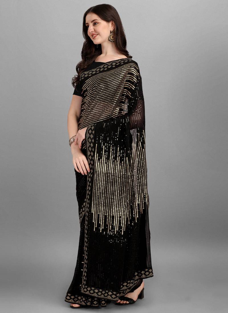 Vegaa Fashion Gold Heavy Georgette Sequence Embroidery Saree