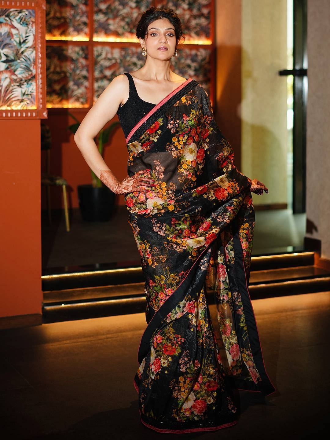 Tulsi Art Astonishing Black Floral Printed Organza Party Wear Saree With Blouse - Dista