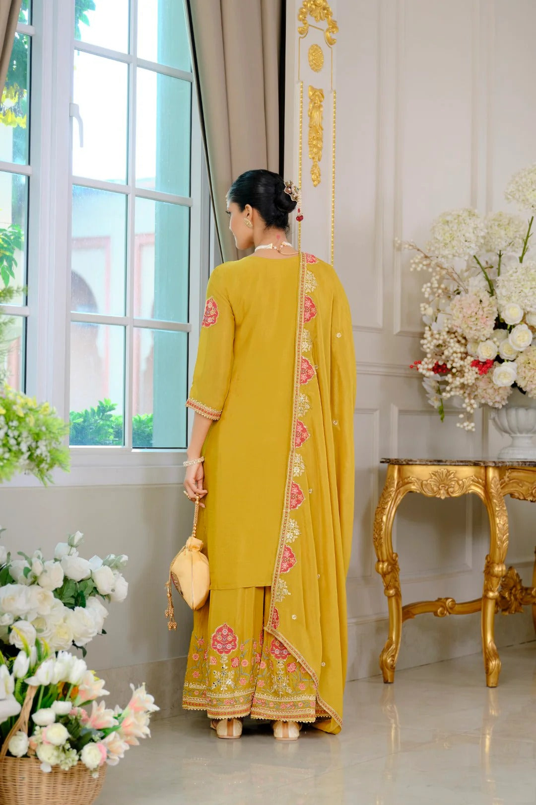 Evanik Luxury Wedding Yellow Embroidered Kurta Palazzo Set - Distacart
