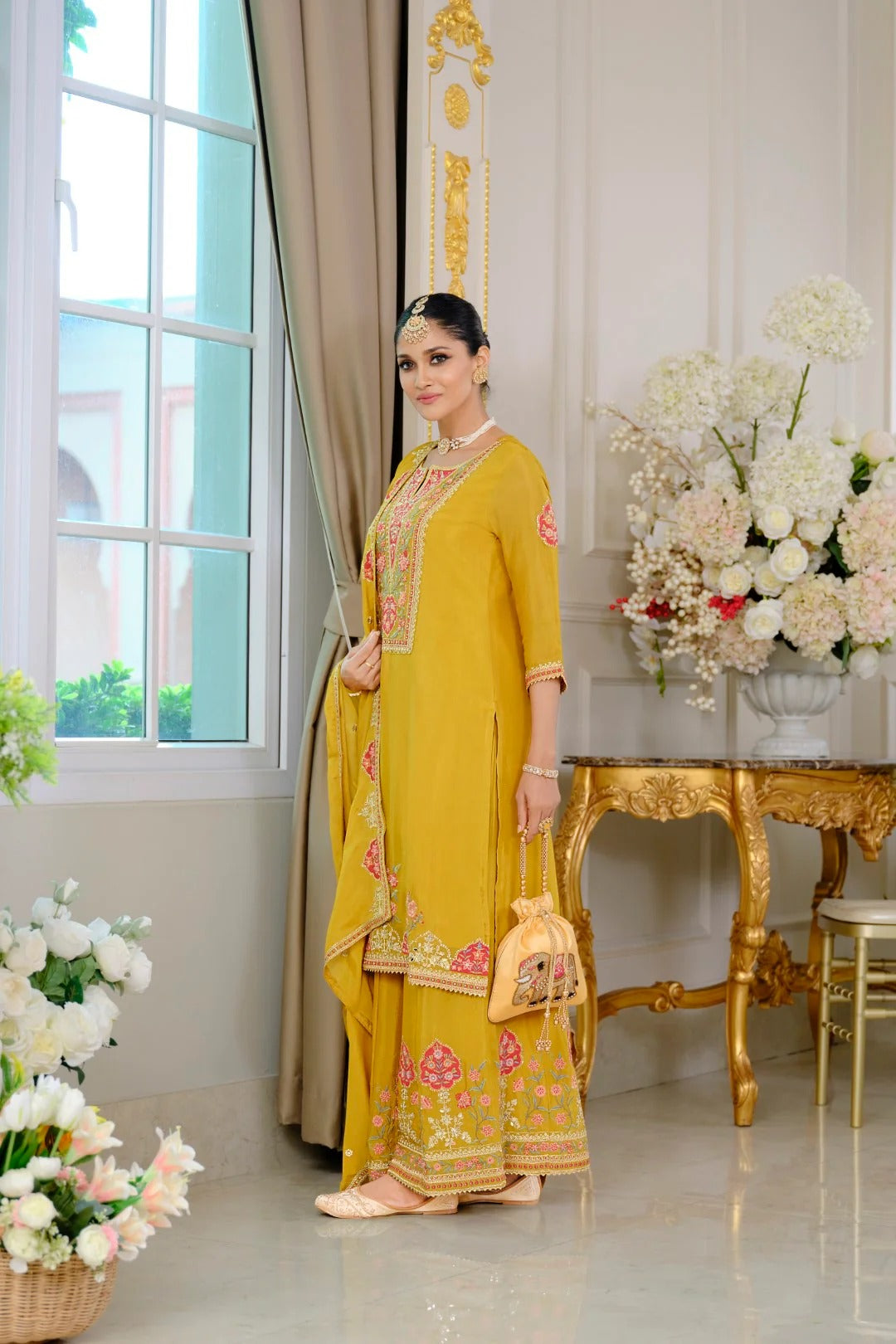 Evanik Luxury Wedding Yellow Embroidered Kurta Palazzo Set - Distacart