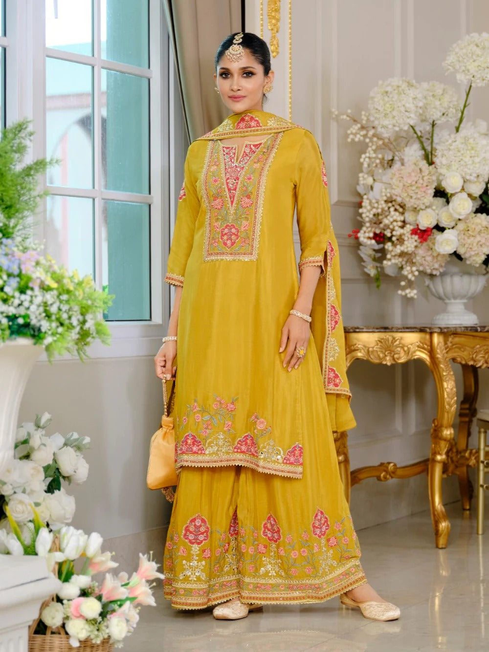Evanik Luxury Wedding Yellow Embroidered Kurta Palazzo Set - Distacart