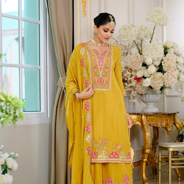 Evanik Luxury Wedding Yellow Embroidered Kurta Palazzo Set - Distacart