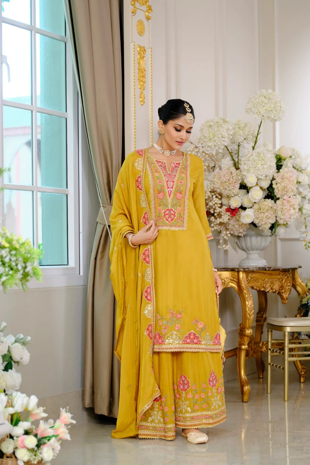 Evanik Luxury Wedding Yellow Embroidered Kurta Palazzo Set - Distacart